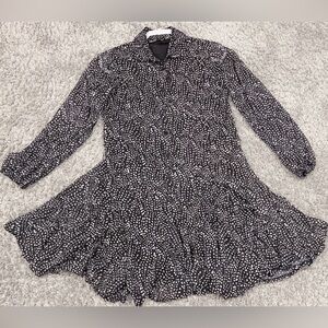 Black Button-Front Mini Dress with White Speckled Print Small